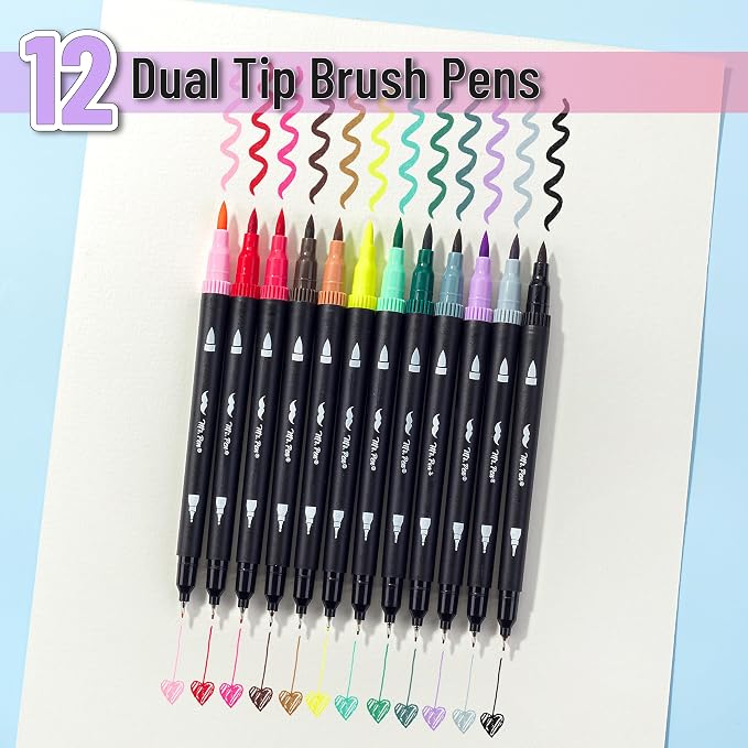 Mr. Pen- Dual Tip Brush Pens, 12 pcs, Muted Colors | Fine & Brush Tip Markers for Adult Coloring Markers for Adults