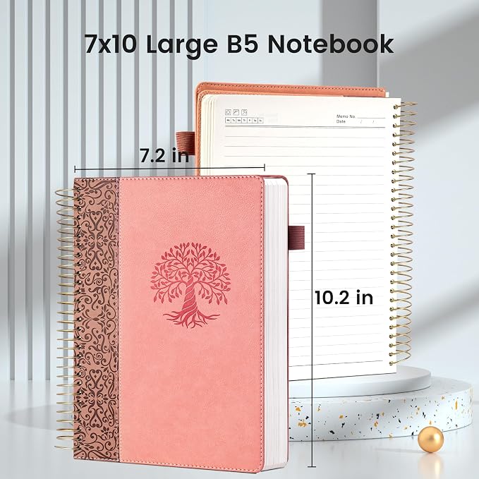 Spiral Notebook Wide Ruled Leather Journal for Women, 300 Pages, 7X10,Pink | Large Notebooks for School Office, Note Taking Notebooks for Writing Lined Notebook with Tabs Pockets Pen Holder
