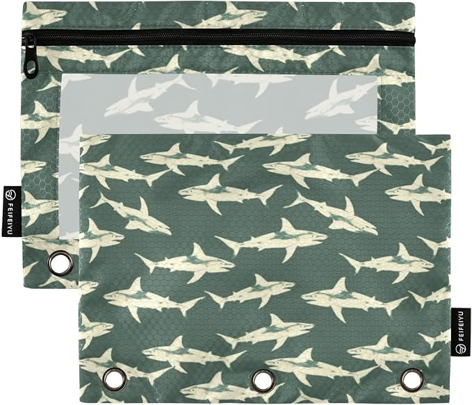 Binder Pencil Pouches, Sharks White Silhouette Pattern Pencil Case with Clear Window 3 Rings Pen Case Holder School Office Supplies Cosmetic Makeup Bag