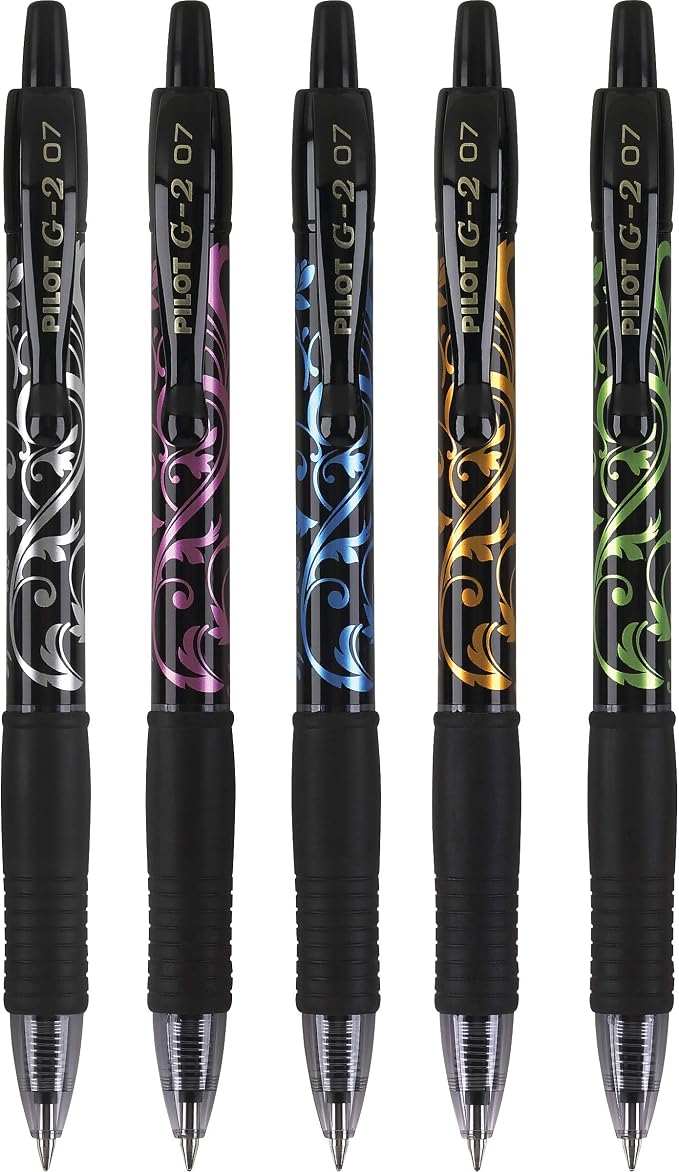 Pilot G2 Premium Refillable and Retractable Rolling Ball Gel Pens, Fine Point, Fashion Collection, 0.7 mm, Black Ink Pens, 5-Pack