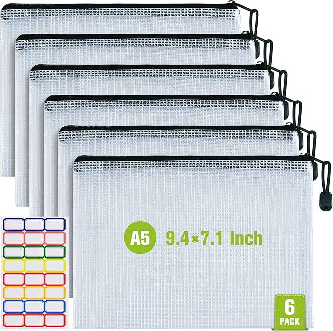 A5 Mesh Zipper Pouch Bag, 6PCS Waterproof Plastic Mesh Zipper Bag, Black | 9.4×7.1 Inch Tear-Resistant Document Pouch, Zip File Bags for School Classroom Office Supplies Home Bikini Travel Storage