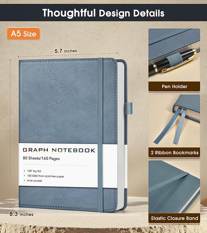 A5 Leather Hardcover Graph Paper Notebook, 160 Pages (5 Squares/Inch), 180° Lay-Flat Binding, 100 GSM Thick Paper, for Math, Engineering, Students & Technical Work (Dusty Blue)