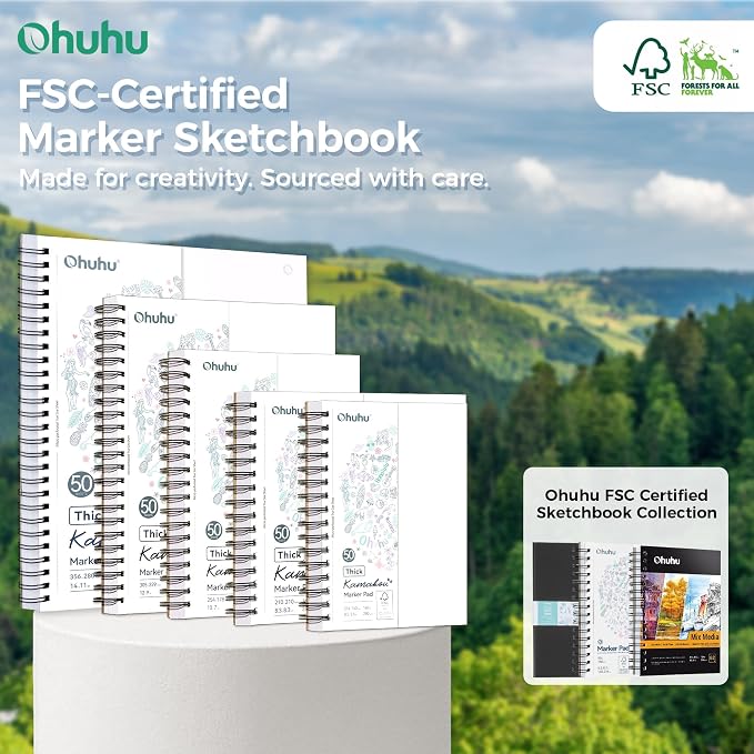 Ohuhu 11"x14" Double-Sided Bleedproof Marker Pad Art Sketchbook 50 Sheets | Large Sketch Book - 160 LB/280 GSM Smooth Drawing Paper - 50 Sheets/100 Pages - Spiral-Bound Sketch Pad for Alcohol Markers