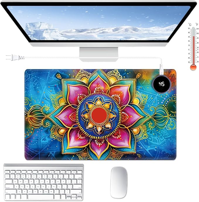 Heated Desk Pad Large Mouse Pad 23.6 x 14.1 inch with 3 Levels Heating & Auto Shut-Off Warm Mouse pad PU Leather Computer Mousepad for Home Office Work - Colorful Lotus Flowers