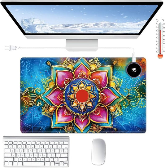 Heated Desk Pad Large Mouse Pad 23.6 x 14.1 inch with 3 Levels Heating & Auto Shut-Off Warm Mouse pad PU Leather Computer Mousepad for Home Office Work - Colorful Lotus Flowers