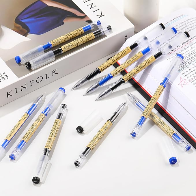 Japanese Style Black Blue Gel Ink Pens, 0.35mm Extra Fine Point, No Smudge Quick Drying, Japanese Ink Pen for Journal Planners, Thin Notebook Paper, Office School Supplies 12 Pack