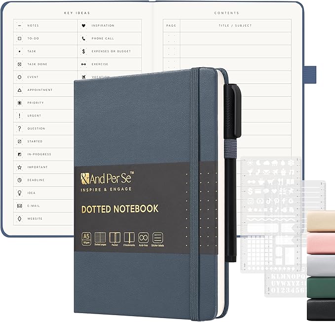 &And Per Se Dotted Notebook, A5 Hardcover with Journal Dotted Pages, Journal Stencils & Pen, 176 Numbered Pages for Beginners Women Men (Dark Blue)