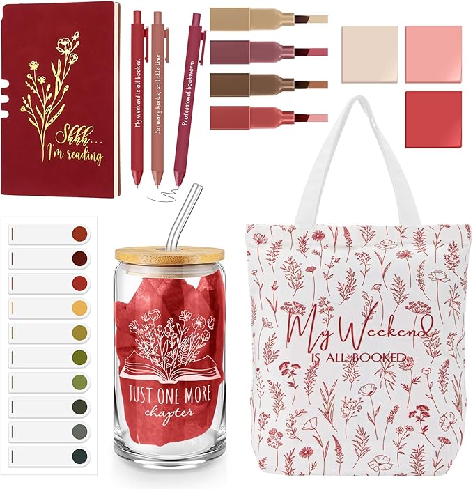 Havawish 14 Pcs Book Lovers Gift for Women 16 oz Glass Cup Tote Bag A6 Journal Notebook Pens Highlighters Sticky Notes Back to School Teacher Librarian Bookish Book Club(Red,Aesthetic)