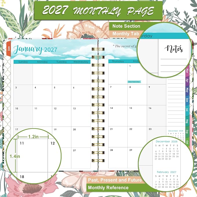 2027 Planner – Weekly ＆ Monthly Planner 2027, Jan. 2027 – Dec. 2027, 6.4" x 8.5" with Tabs, Flexible Hardcover, Thick Paper, Strong Twin-Wire Binding, Back Pocket, Inspirational Quotes ＆ Notes