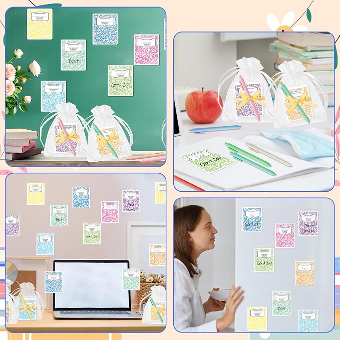 CJiangpo Teacher Sticky Note Set - 24 Pack Composition Book Sticky Note Pads with Ballpoint Pens Ribbons, Cute Memo Pad Stationery Set Thank You Teacher Appreciation Gifts School Office Supplies Party