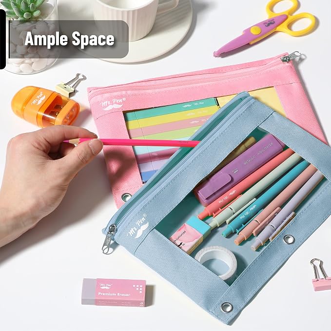 Mr. Pen- Pencil Pouch for 3 Ring Binder, 2 Pack, 10"x6.75", Smooth Zipper | Clear Window, Large Capacity Pencil Case with 3 Reinforced Grommets for School, Office, Supplies Storage | Clear Window, Large Capacity Pencil Case with 3 Reinforced Grommets f...