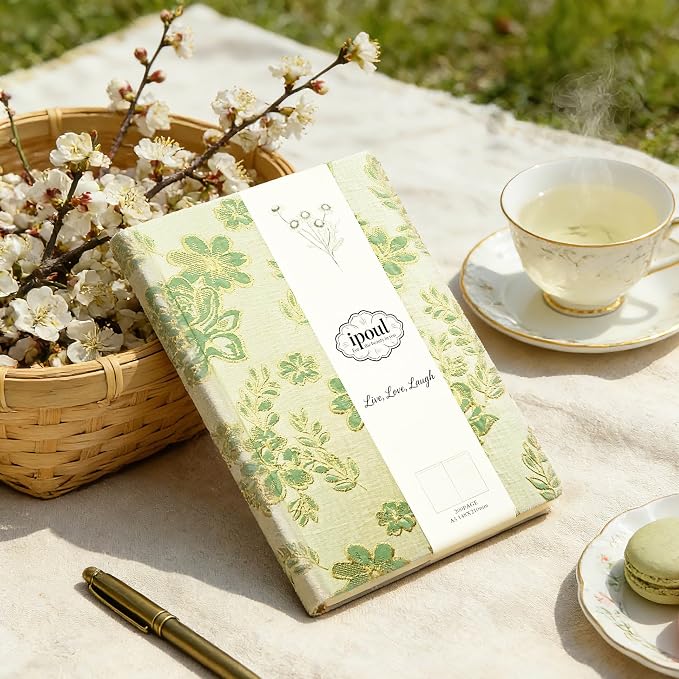 Flower Notebook, Hardcover, Lay Flat, A5, 6x8, Wide Ruled Pages, Writing Journal for Women, Pretty Notebook, Recipe Journal, Garden Journal, Gratitude Journal, Plum Blossom, Green