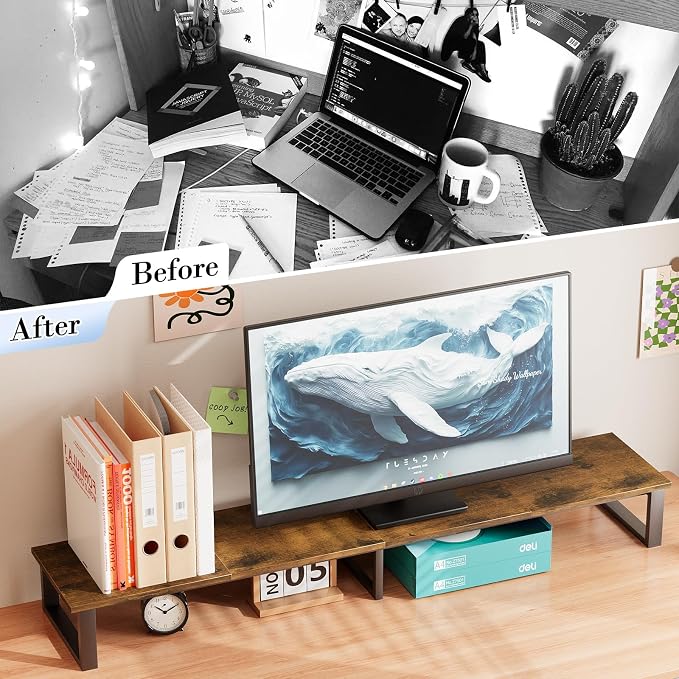 aboxoo 59" Large TV Riser Stand for 32-75 Inch TV, TV Shelf with Steel Legs | Brown TV Riser Stand with Storage, Tabletop TV Riser for Home Living Room, Study Office, Fit TV, Monitor, Laptop