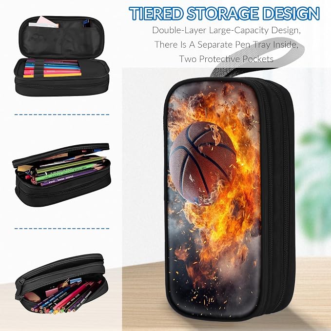 TILYTADLY Large Pencil Case for Boys - Basketball Boys Pencil Pouch with Zipper Compartments - Big Capacity Pen Box Pen Bag Organizer with Keychain for Kids Teens School