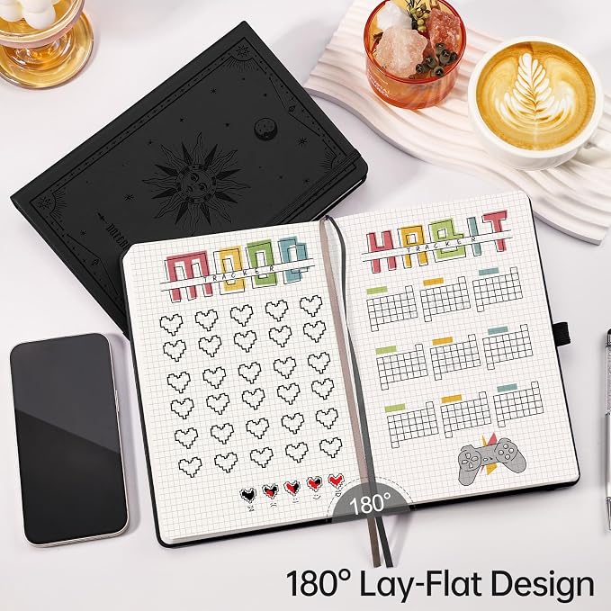 EMSHOI Graph Grid Journal Notebook, 192 Pages, A5 Size (5.7'' x 8.3'') | Leather Hardcover, 100 GSM Thick Paper, for School, Note Taking, Math, Engineering, Sun Debossed (Black)