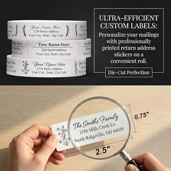 Address Labels Personalized Return Address Labels (10-1000) Personalized Custom Mailing Label for Envelopes 2.5" x 0.75" Self Adhesive Return Stickers Roll, White