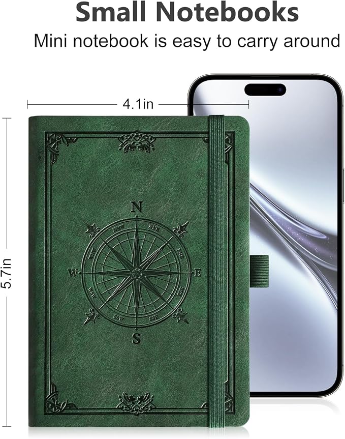 AHGXG Small Lined Pocket Notebook, 256 Numbered Pages, B6 (4.1'' X 5.7'') | College Ruled Mini Journal, Vintage Leather Softcover, 80gsm Paper, for Men Women Work Office School (Dark green)