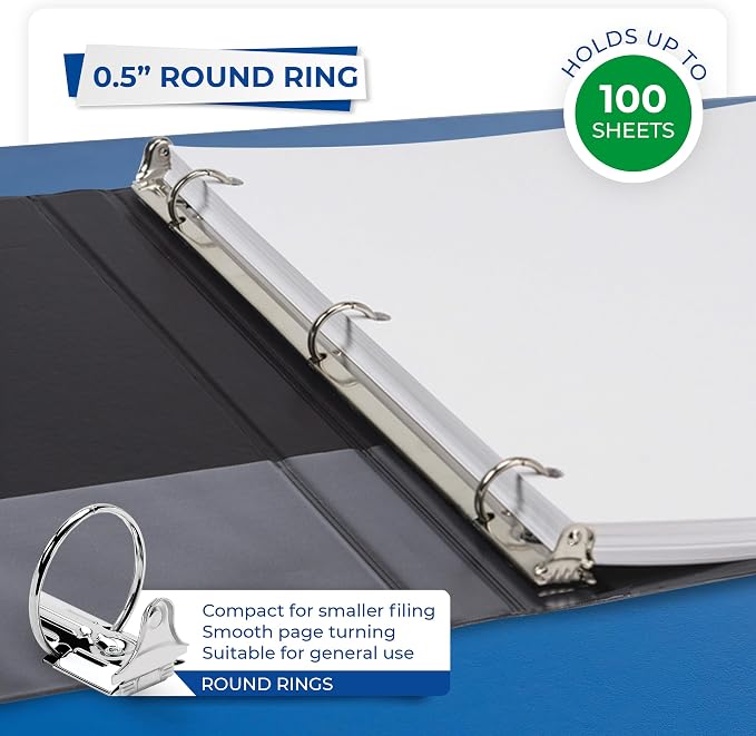 Samsill 0.5 Inch 3 Ring Binder, Economy Round Ring, Clear View Cover, 100 Sheet Capacity - for School, Home, Office - Black