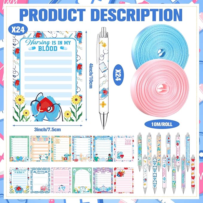 Eaasty 48 Pcs Nurse Gifts Bulk Funny Nurse Notepads and Ballpoint Pens with Ribbon Inspirational Thank You Gifts for Nursing, Coworker, Staff, Student, Healthcare Worker