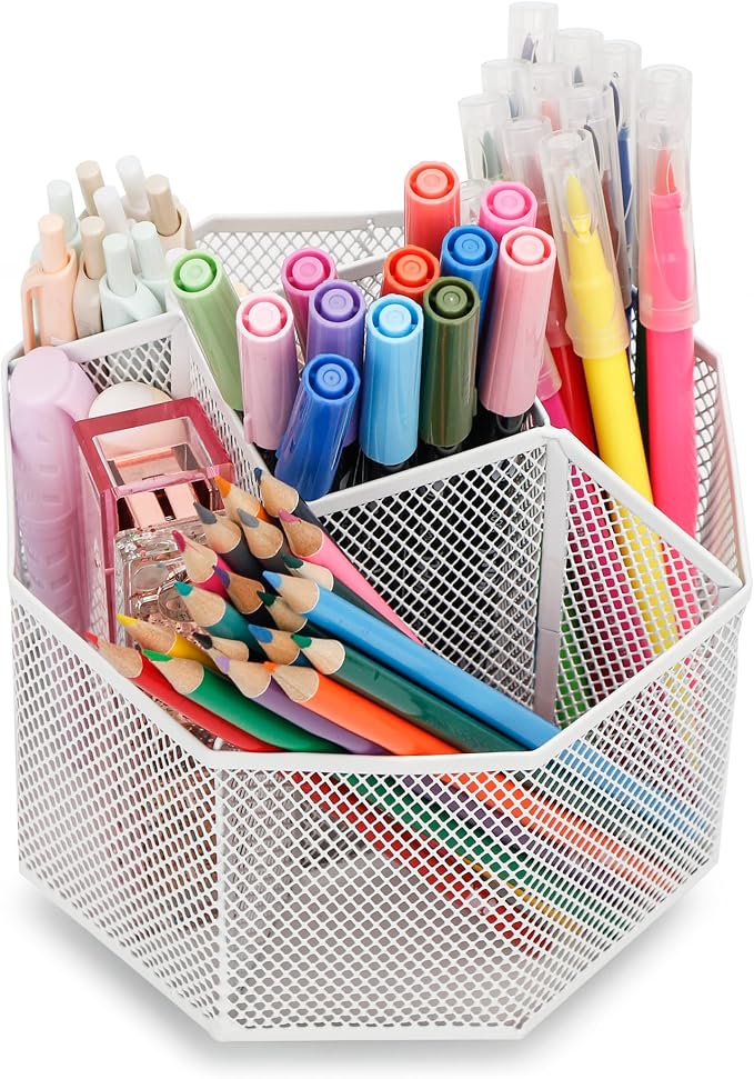 Exerz Desk Organizer 360 Rotating Pen Holder 5 Compartments Caddy White | Smooth Spinning Base with Open Mesh Sections Easy Access to Pens Brushes Scissors Daily Desk Tools