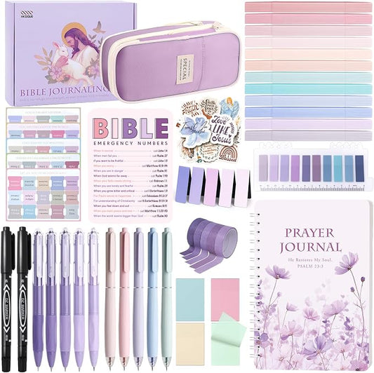 XKDOUS Bible Study Supplies Journaling Kit for Women, Bible Study Kit Journaling Supplies with Prayer Journal, Highlighters, Emergency Card, Pencil Case and More, Christian Gifts for Women, Purple