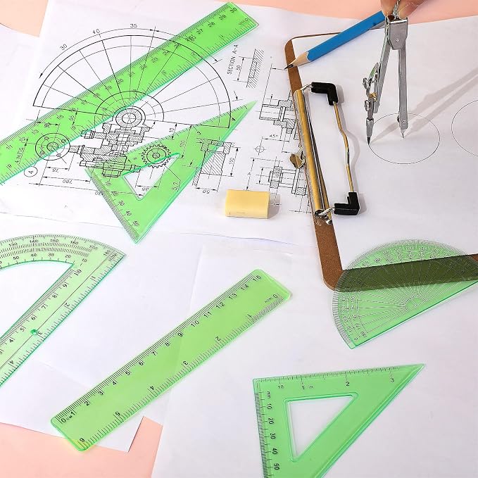 Zonon 7‑Piece Geometry Set with Drawing Compass, 6 & 4 Inch Protractors, Triangle Rulers and Straight Rulers, Transparent Math Drafting Supplies for Back to School, Students and Office Use(Green)