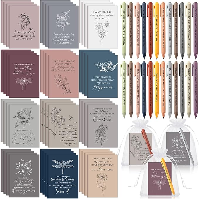 Mooliwe 96 Pcs Positive Affirmation Gift Set Gratitude Notebooks with Pens Small Bags Motivational Encouragement Notepads Daily Affirmations Journal for Women Stress Relief Self Care (Minimalist)