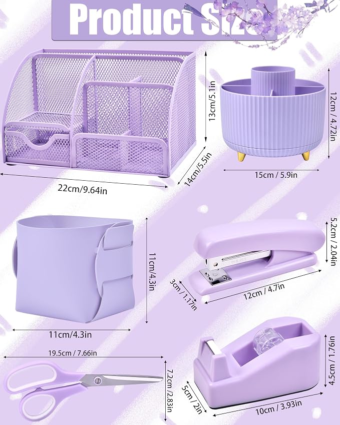 LXEVIHK 21Pcs Purple Desk Organizers and Accessories With Mesh Desk Organizer and 360°Rotating Pen Holder and a Lot of Office Purple Office Supplies Beautifully Presented in a Gift Box