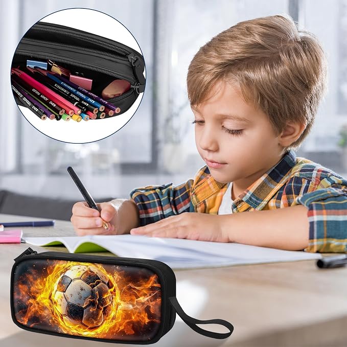 TILYTADLY Large Pencil Case for Boys - Soccer Boys Pencil Pouch with Zipper Compartments - Big Capacity Pen Box Pen Bag Organizer with Keychain for Kids Teens School