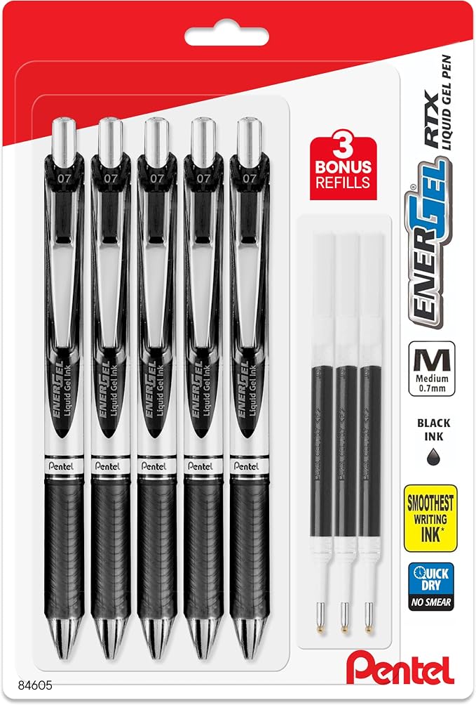 Pentel Energel 0.7 mm Deluxe RTX Liquid Gel Ink Pens, Metal Tip, Pack of 5 Black Pens with 3 Refills | Pack of 5 Black Pens with 3 Refills