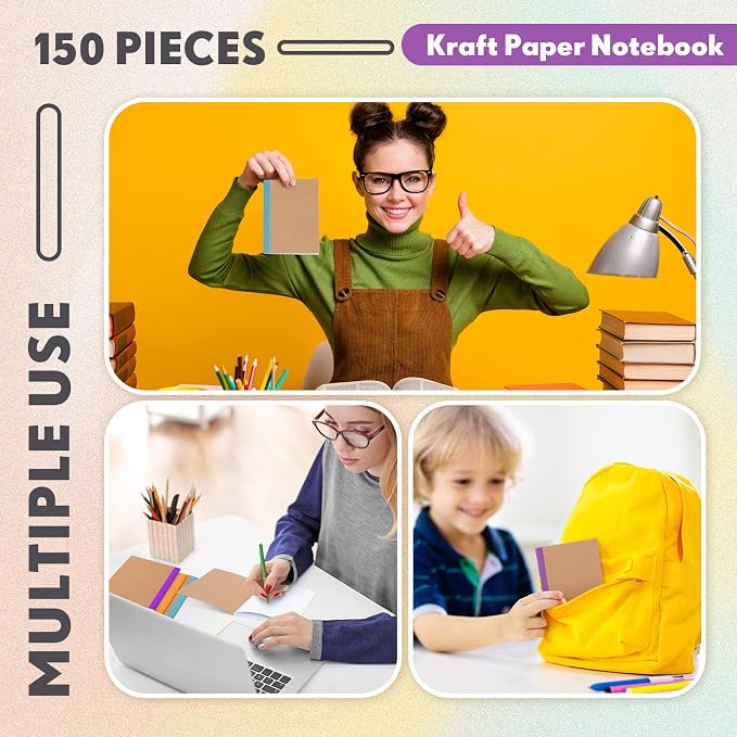 150 Pack A6 Kraft Paper Notebooks Blank Page Mini Notebooks Bulk Sewn Travel Journal Kraft Pocket Memo Pad Unlined Subject Notepads for Travelers Students Classroom School Supplies(Multicolor)