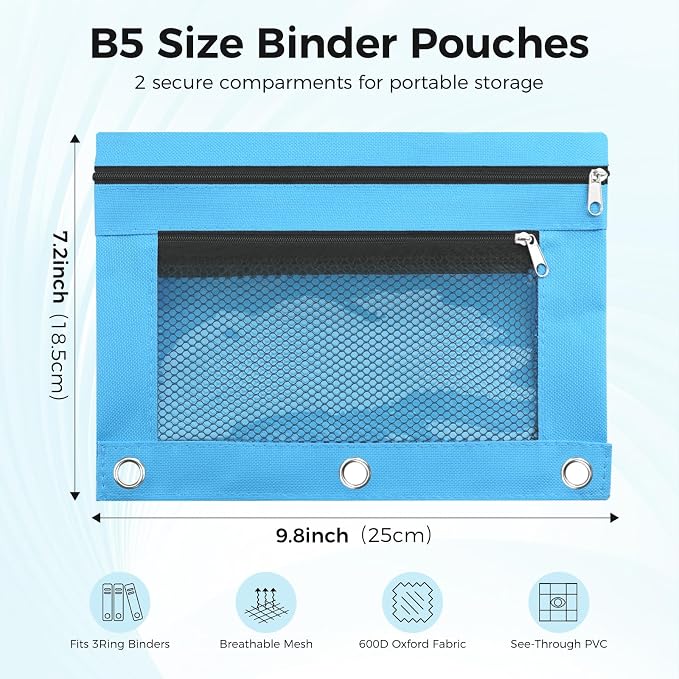 Pencil Pouch for 3 Ring Binder, Pencil Case Bag with Zipper, 600D Fabric Pencil Pouch Holder Accessories, Clear Window Pencil Case Aesthetic Back to School Organizer Pockets for Boy Girl (Sky Blue)