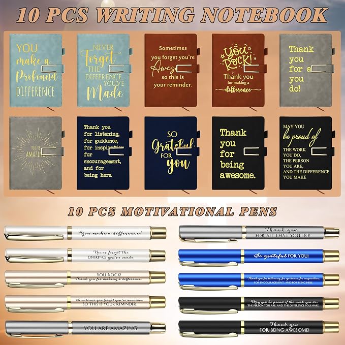 Kosiz 10 Set Employee Appreciation Gifts Bulk Inspirational A5 Leather Journal Notebook Motivational Pen Thank You Gifts for Nurses Coworker Team Social Workers Teachers Volunteers Back to School