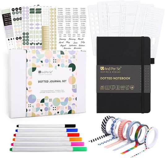 &And Per Se Dotted Journal Kit, A5 Hardcover Dot Grid Journal Notebook Set for Beginners with Journaling Supplies Stencils, Stickers, Washi Tapes & Colored Pens Accessories (Black)