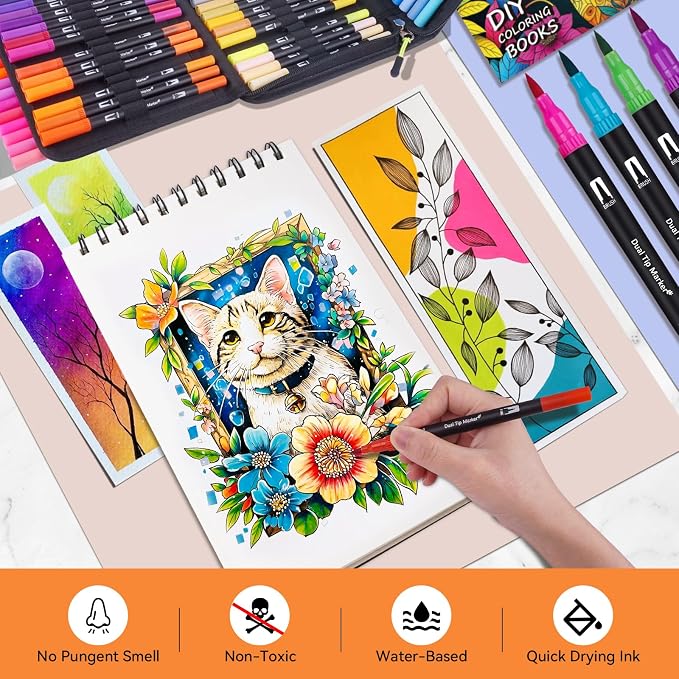 Artugn 168 Colors Dual Markers Brush Pens for Adult Coloring Books with Bag | Art Marker Set with Fine & Brush Tip Pen for Bullet Journaling, Coloring, Drawing, Hand Lettering, Calligraphy, Art Supplies
