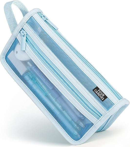 Four Candies Grid Mesh Pencil Case with Handle and Zipper, Clear Double-layer Pencil Pouch Marker Pouch, Travel Makeup Bag, Cute Transparent Stationary Organizer Pen Bag for Adult Office College