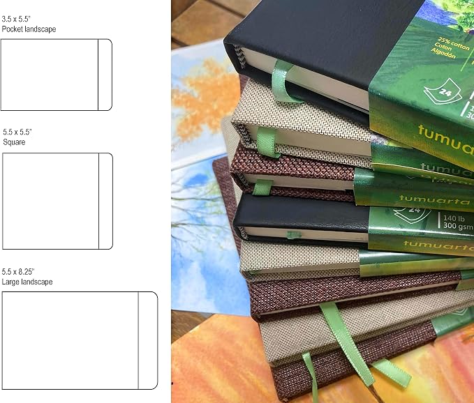 tumuarta Square Watercolor Journal, 5.5x5.5”, 140 LB, 300 GSM, Cotton Paper | Cold Press, 24 Sheets, 48 Pages, Watercolor Paper Notebooks For Use As Travel Sketchbooks Mixed Media Pad On The Go