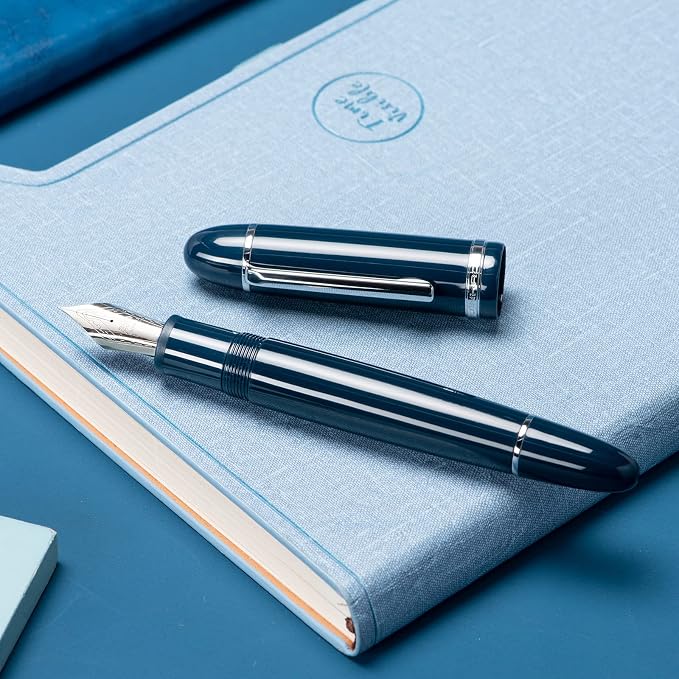 Jinhao X159 Dark Blue Acrylic Fountain Pen, Size 8 Fine Nib Silver Trim Classic Design Smooth Writing Pen with Converter