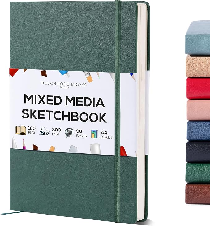 Beechmore Books Heavyweight Mixed Media Sketchbook - A4 8.5"x11" 300 GSM 48 Pages, Hardcover Lay-Flat Professional Journal for Painting, Acrylics and Wet Media