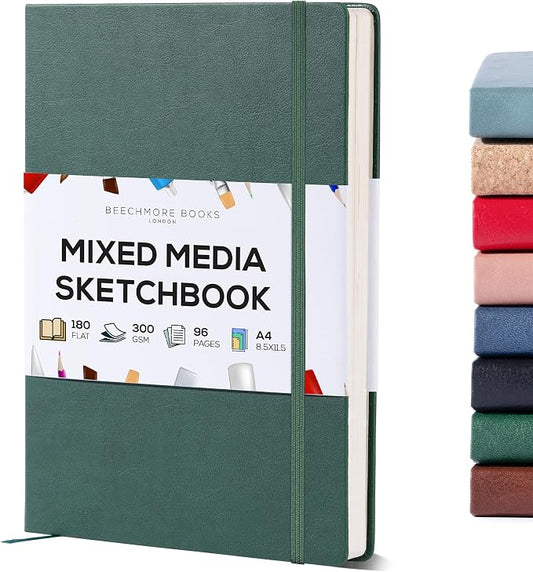 Beechmore Books Heavyweight Mixed Media Sketchbook - A4 8.5"x11" 300 GSM 48 Pages, Hardcover Lay-Flat Professional Journal for Painting, Acrylics and Wet Media