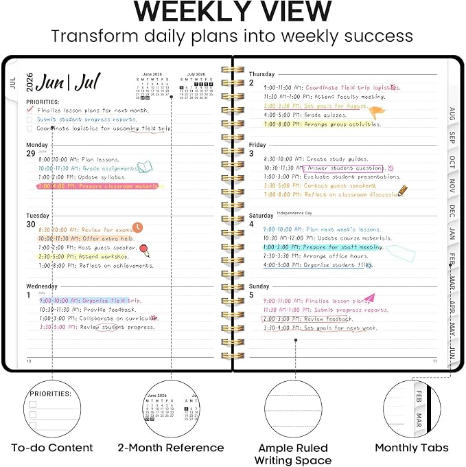 Academic Planner 2026-2027, Weekly and Monthly Calendar Planner Book, July 2026 – June 2027, Hardcover Organizer with Tabs, Perfect for Teachers, Students, Women & Men, A5 (6.4" x 8.5") - Black