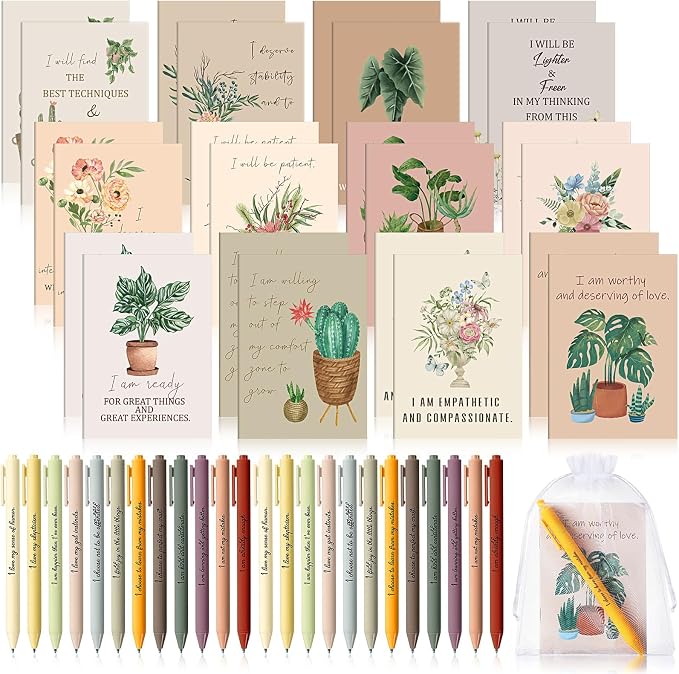 Mooliwe 12 Set/ 24 Pcs Positive Affirmation Gift Set Gratitude Notebooks with Pens Small Bags Motivational Encouragement Notepads Daily Affirmations Journal for Women Stress Relief Self Care (Flower)