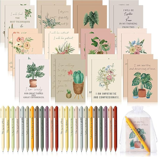 Mooliwe 12 Set/ 24 Pcs Positive Affirmation Gift Set Gratitude Notebooks with Pens Small Bags Motivational Encouragement Notepads Daily Affirmations Journal for Women Stress Relief Self Care (Flower)