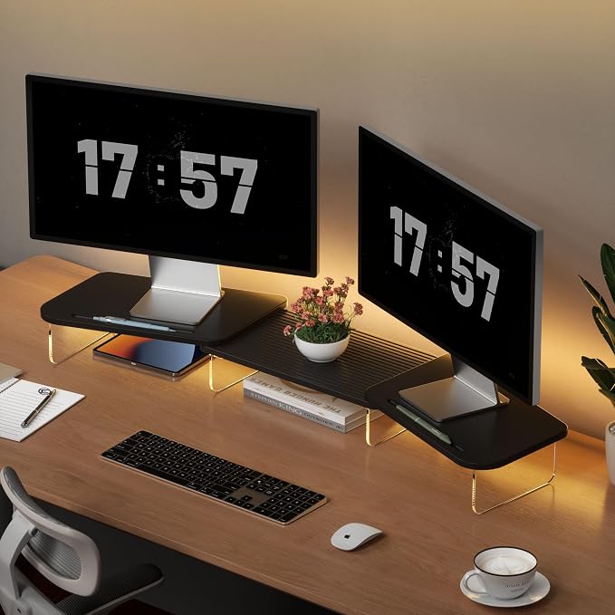 AFOOYO LED Dual Monitor Stand Riser for 2 Monitors,Office Desktop Wooden Stand Adjustable Length and Angle 3 Shelf,Extra Long Multifunctional Stand up to 39.3" for Computer,Laptop,TV,Black