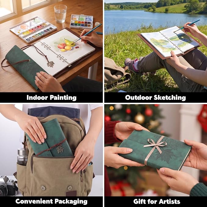 Watercolor Journal, 24 Sheets Cold Press Paper, 5.5 x 8.1 in, Green | Deckle Edge Paper, Leather Cover, Ring Binder, Mixed Media Sketchbook for Artists, Students, Travel, Class, and Home Use
