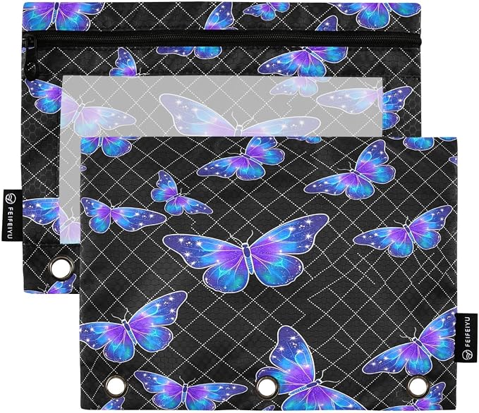 Gredecor 3 Ring Binder Pencil Pouch, Blue Purple Butterflies Zippered Pen Case Pouches with Clear Window, 2 Pack Stylish Office & School Supplie