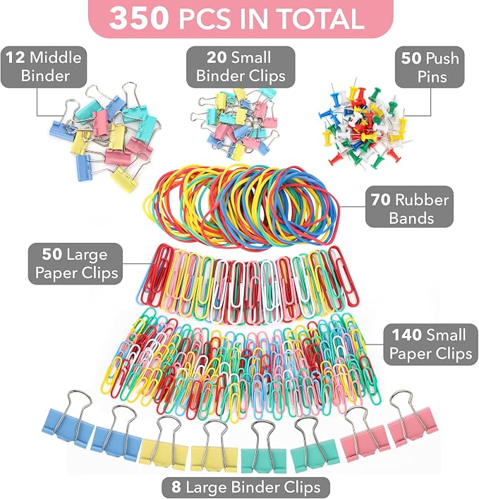 Mr. Pen- Paper Clips and Binder Clips, 272 PCS, Assorted Colors Medium | Small and Mini Binder Clips, Paper Clips Jumbo, Jumbo and Small Paper Clips, Rubber Bands, Assorted Binder Clips