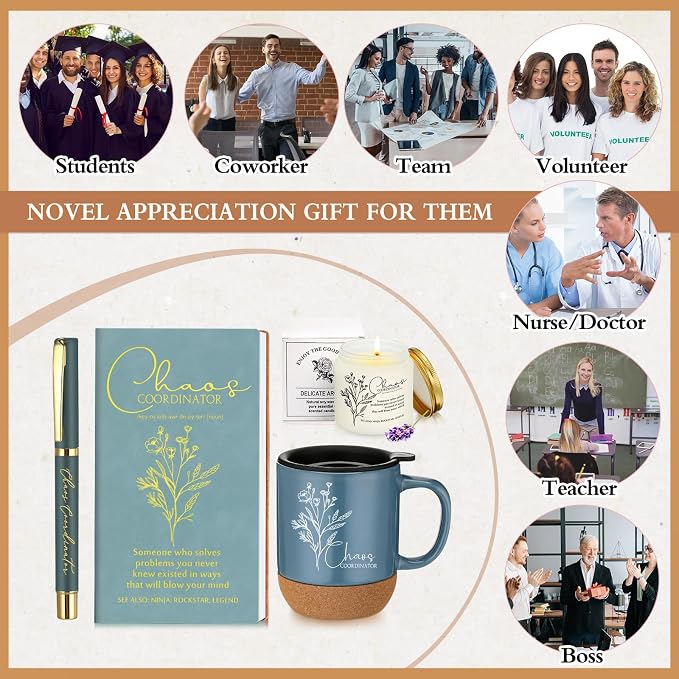 Sayglossy 4 Pcs Blue Chaos Coordinator Gift Set Back to School Gift for Teachers Women Men Notebook Coffee Mug Scented Candle Ballpoint Pen for Teacher Assistant Principal Class School Staff Coworker