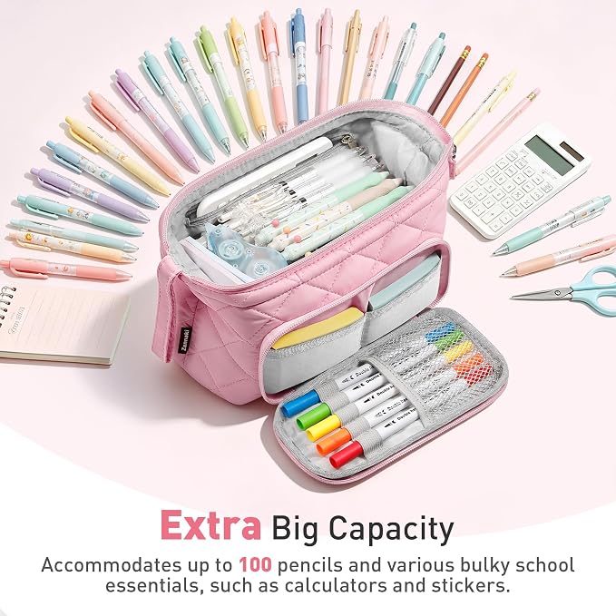 Zannaki Soft Quilted Large Pencil Pouch Organizer with Wide Opening for Boys Girls Teens - Extra Big Capacity Pen Pencil Bag with Zipper, Portable Pencil Case Box for School, College, Cosmetic Gift