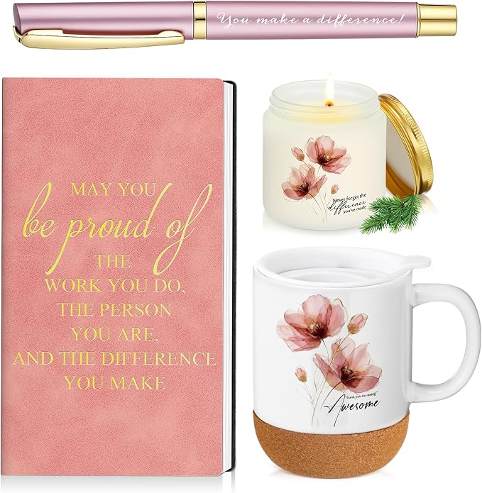 Sayglossy 4 Pcs Thank You Gifts Set for Women Back to School Teacher Appreciation Gift Leather Notebook Pink Flower Coffee Mug Scented Candle Ballpoint Pen for Employee Coworker DSP Housekeeping Week
